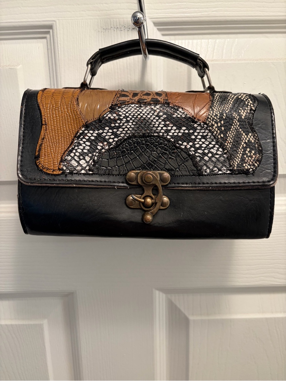Vintage Patchwork Reptile Look Top Handle Crossbody Bag